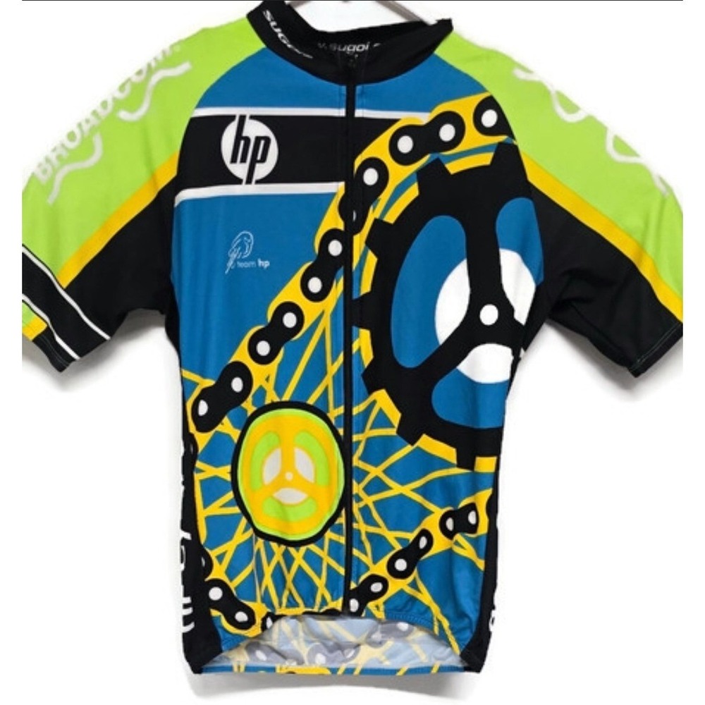 Sugoi HP Broadcom Cycling Jersey Mens Medium Blue Green Full Zip Bike Shirt 2007